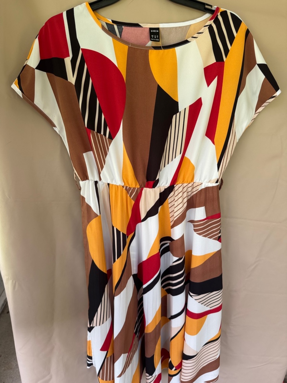 SHEIN Multicolor Geometric Print Short-Sleeve Dress - Red, Yellow, Brown, White
